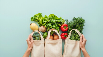 Flat Lay of Reusable Eco Shopping Bags with Groceries – Sustainable Lifestyle and Minimal Design Concept