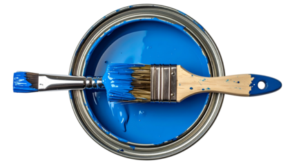Overhead shot of a paint can filled with blue paint, two brushes resting inside