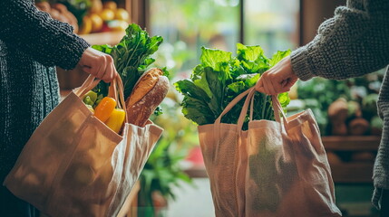 Reusable Grocery Bags with Fresh Produce – Eco Lifestyle in Cozy Interior