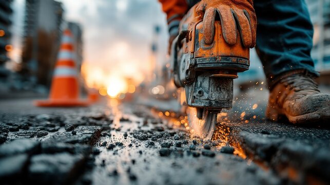 Construction worker repairing asphalt road urban city action shot industrial environment close-up view road maintenance impact