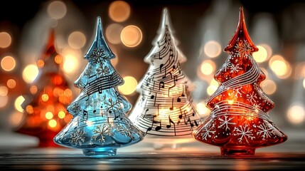 Elegant Glass Christmas Trees featuring musical notes and snowflakes, blue, red, and white, representing holiday music and festive celebration.