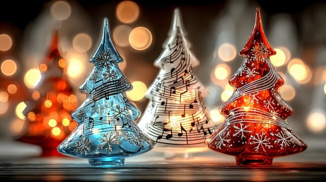 Elegant Glass Christmas Trees featuring musical notes and snowflakes, blue, red, and white, representing holiday music and festive celebration.