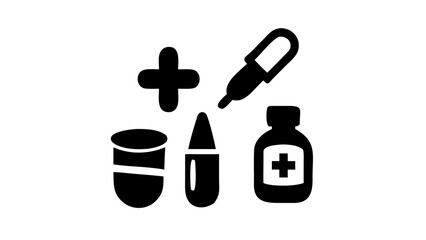 Obraz premium Illustration of medical supplies including a dropper, pills, and a bottle with a plus sign on it