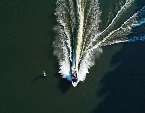 Aerial photo of a boat creating wake on water. Person paddleboards nearby. Summer watersport activity on a sunny day. Boat wake creates interesting patterns. - Powered by Adobe