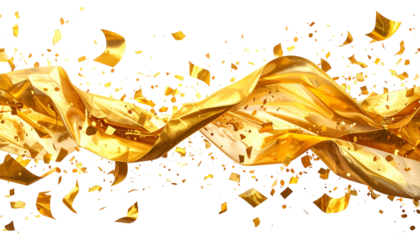 A flowing golden fabric and confetti against black background