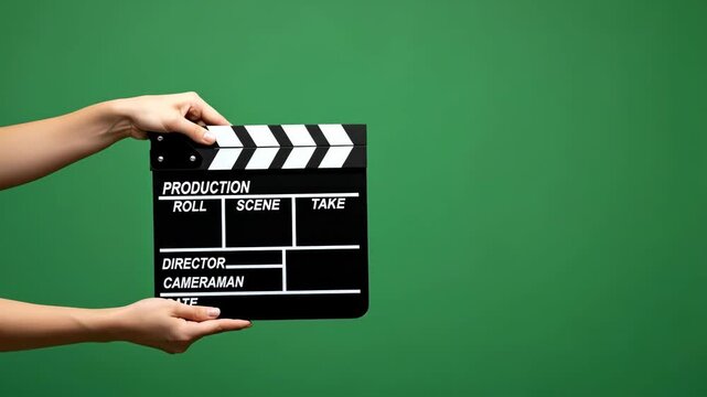 Hands Holding Movie Clapperboard on Green Screen - Film Production, Hollywood, Cinema, Filmmaking, Production Crew, On Set, Behind the Scenes 4K Video