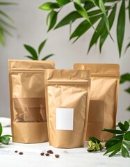 Kraft packaging mockups with green leaves.