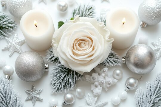 Elegant winter decor white rose and silver ornaments holiday table setting calm atmosphere close-up shot seasonal celebration