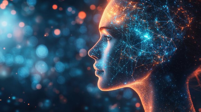 Digital transformation of human consciousness virtual reality art concept futuristic environment profile view technology innovation