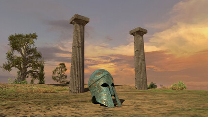 Corinthian helmet on the ground in front of two ancient columns