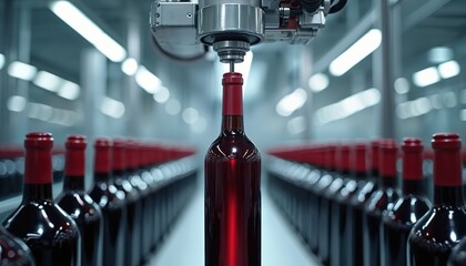 Automated machine seals wine bottles on conveyor belt. Robotic arm works precisely on assembly line in beverage factory. Red liquid fills glass containers, modern industrial production.