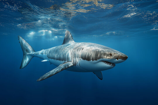 Great white shark swimming in open ocean, dynamic composition, powerful presence