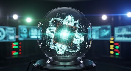 Artificial Intelligence Microchip in Futuristic Glass Sphere with Data Flow