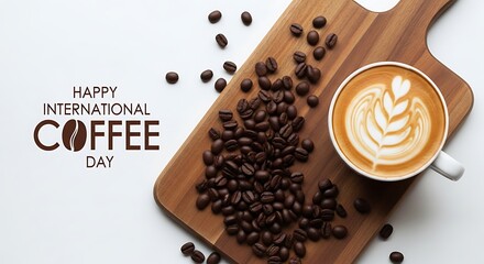 Happy international coffee day celebration with roasted beans and latte art