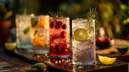 Lifestyle photo of sparkling highball drinks on old wooden bartop with backlit sunset light creating bokeh background, condensation on glasses