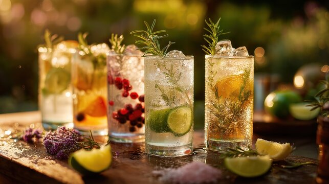 Lifestyle photo of sparkling highball drinks on old wooden bartop with backlit sunset light creating bokeh background, condensation on glasses