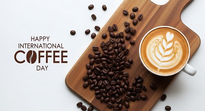 Happy international coffee day celebration with roasted beans and latte art