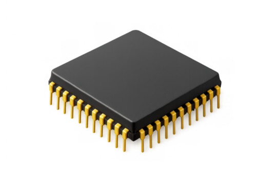 Processor chip representing electronic brain and digital core of computing power on transparent background