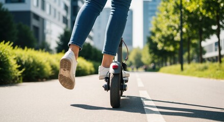 Rear view of a person riding an electric scooter on a city path. Modern urban mobility and eco-friendly transportation concept