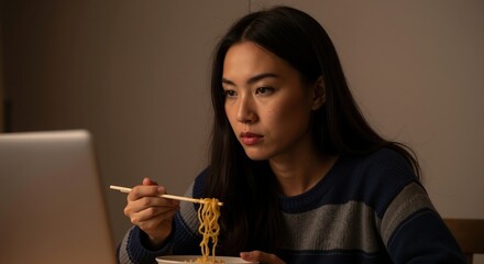 Young Asian woman eating noodles while using a laptop at night. Female student having a late dinner while studying from home. Modern multitasking lifestyle