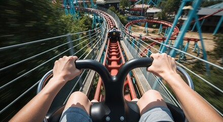 First person point of view on a thrilling roller coaster ride. Hands gripping the safety bar during a high-speed drop at an amusement park. Action and adventure concept