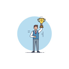 Man Celebrating Victory with Trophy in Business Success Illustration.