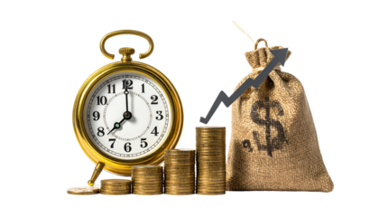 A pocket watch next to increasing gold coin stacks and a money bag with an upward arrow