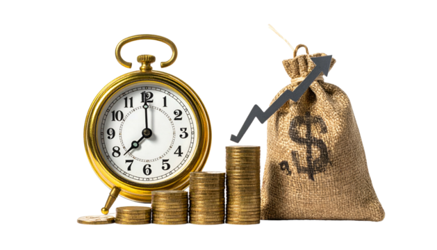 A pocket watch next to increasing gold coin stacks and a money bag with an upward arrow