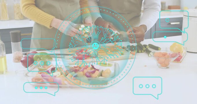 Home cooks drizzling olive oil grinding pepper slicing zucchini, arranging veggies in glass dish