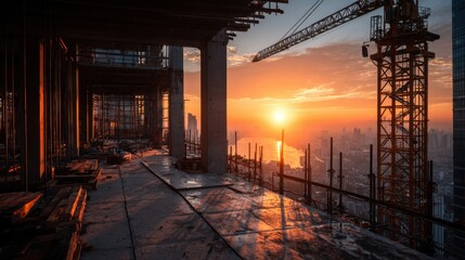 Construction sunrise over city skyline urban development photography industrial environment elevated viewpoint progress and growth