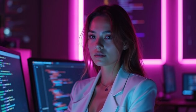 Young woman in tech workspace lit by neon lights. Female developer at computer looking into camera. Programmer working on software in modern office with monitors.