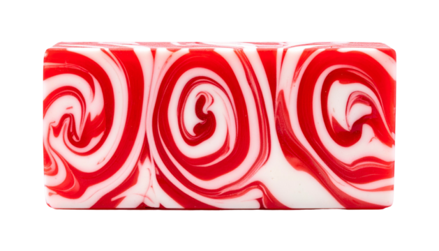 Rectangular block with red and white swirled patterns, resembling candy - Powered by Adobe