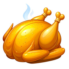 Cartoon PNG of a roasted chicken with golden crispy skin and steam rising, perfect for food ads, festive meals, restaurant menus, and tasty dinner illustrations