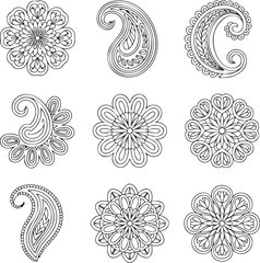 Black and white paisley and floral mandala patterns