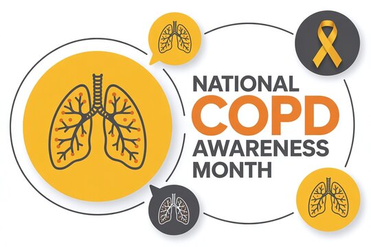 National COPD Awareness Month Vector Graphic with Lungs Illustration, Yellow Ribbons, and Medical Icons for Respiratory Health Campaign