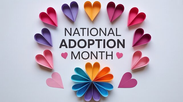 National Adoption Month Concept with Multicolored Paper Quilling Hearts and Vibrant Rainbow Colors Arranged in a Circle on a White Background
