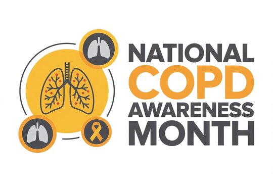 National COPD Awareness Month Vector Graphic with Lungs Illustration, Yellow Ribbons, and Medical Icons for Respiratory Health Campaign