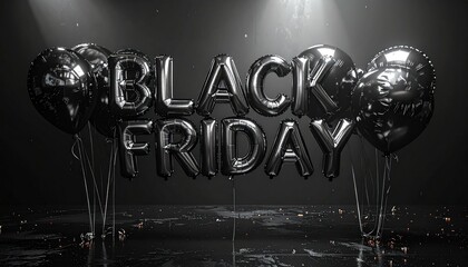Elegant Black Friday Promotional Image with Reflective Balloons and Dark Background