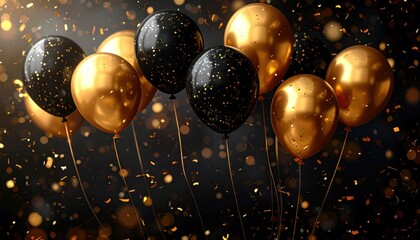 Elegant Celebration with Gold and Black Balloons amidst Sparkling Confetti, a festive occasion