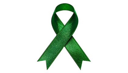 A realistic green ribbon, symbolizing awareness, set against a stark black background