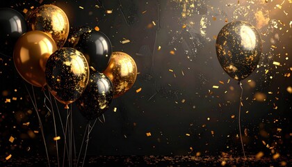 Elegant celebration background featuring black and gold balloons with confetti rain