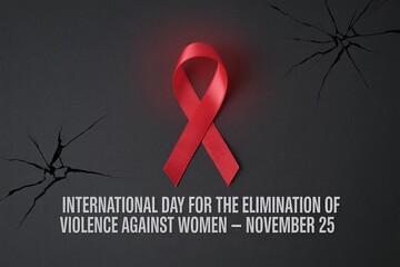 International Day for Elimination of Violence against Women: Red Ribbon on a Cracked, Shattered Black Background Symbolizing Breaking the Cycle of Abuse