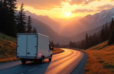 Obraz premium White van drives down winding mountain road at sunset. Beautiful nature scene shows calm drive on highway through valley landscape. Delivery car runs fast for transportation.