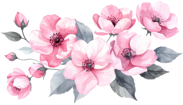 Watercolor arrangement of pink flowers and buds with gray leaves on a transparent background - Powered by Adobe