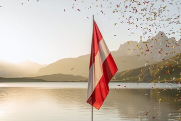 Serene Austria National Day 26 October Dawn with Flag Reflected in Calm Lake and Golden Mountain Landscape