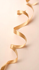 Luxurious golden ribbon elegantly curled on a soft pastel background. A perfect minimalistic holiday scene symbolizing warmth and celebration