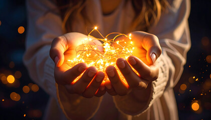 Human hands gently holding glowing fairy lights in the dark. The image conveys hope, warmth, and emotional connection during celebrations