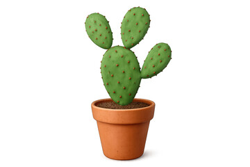 Green prickly pear cactus with flat pads in terracotta pot on transparent background