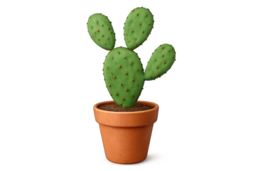 Green prickly pear cactus with flat pads in terracotta pot on transparent background