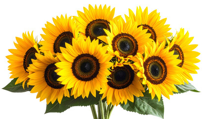 Naklejka premium A vibrant bouquet of sunflowers with yellow petals, brown centers, and green stems